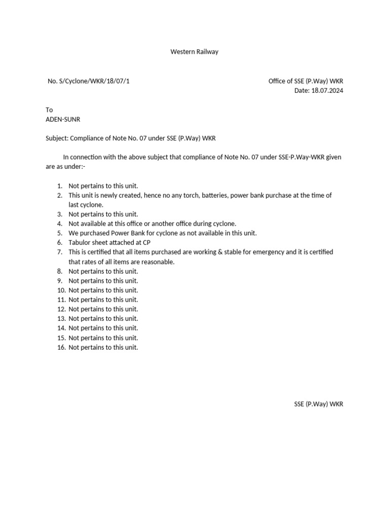 Compliance of Note No 07 | PDF