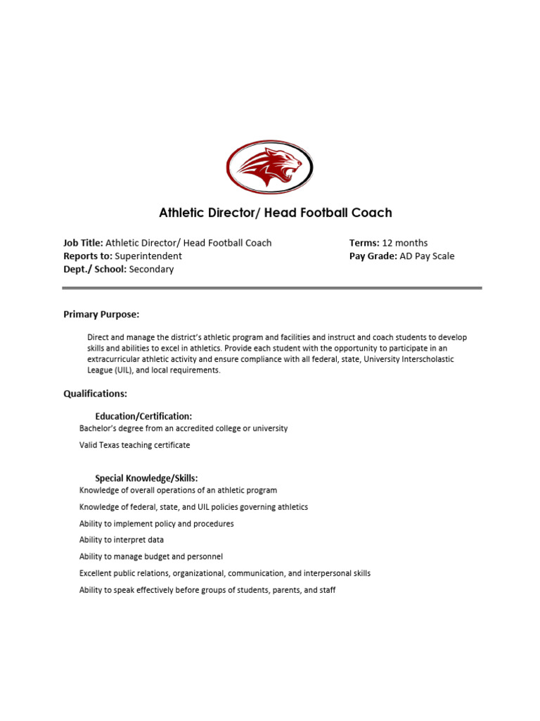 Athletic Director Head Fball Coach | PDF