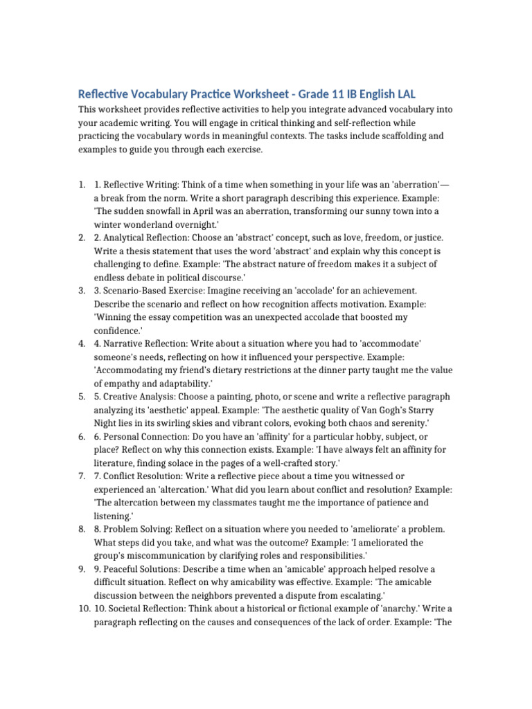 Reflective Vocabulary Practice Worksheet Grade11 IB English LAL | PDF ...