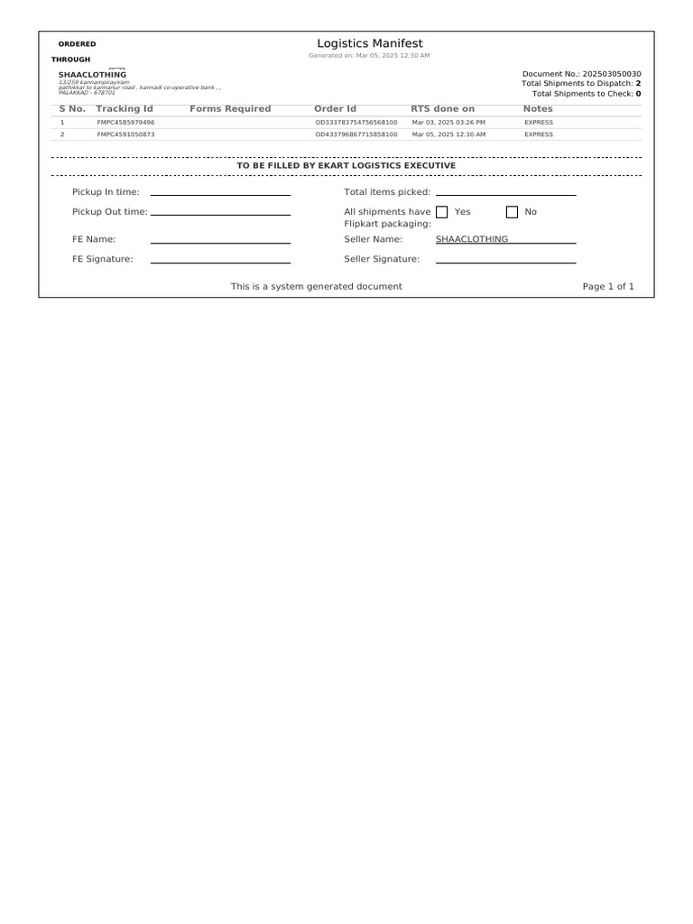 Ekart Logistics Dispatch Manifest | PDF