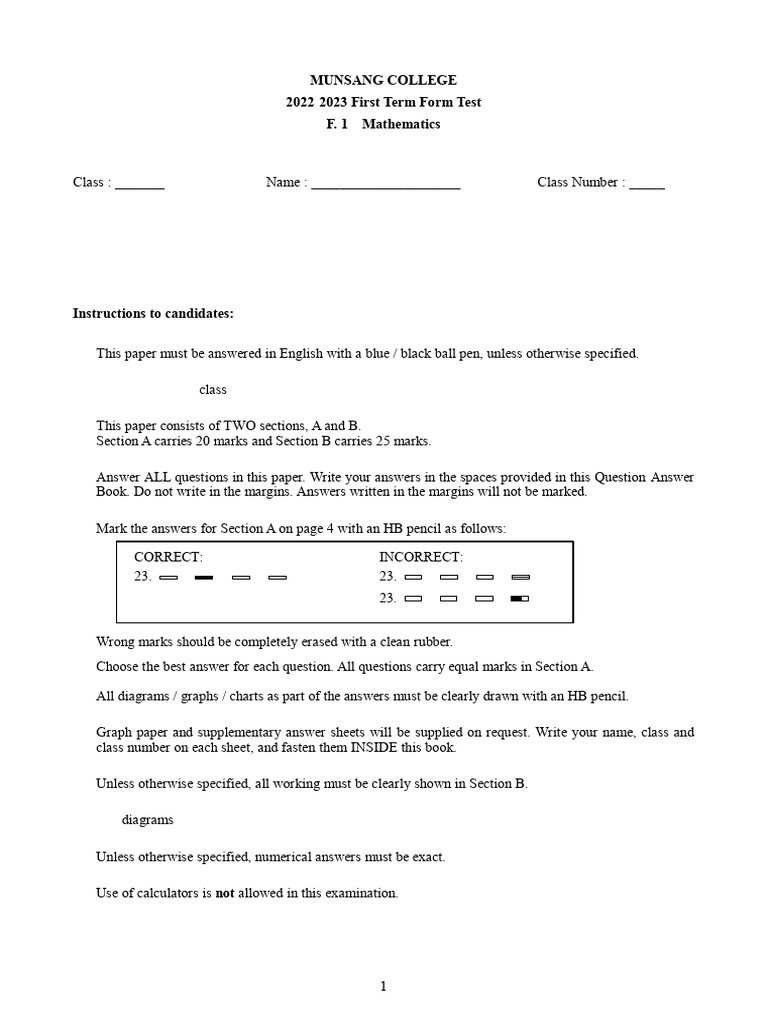 2022-23 F1 Math FT1 MS | PDF | Algebra | Elementary Mathematics