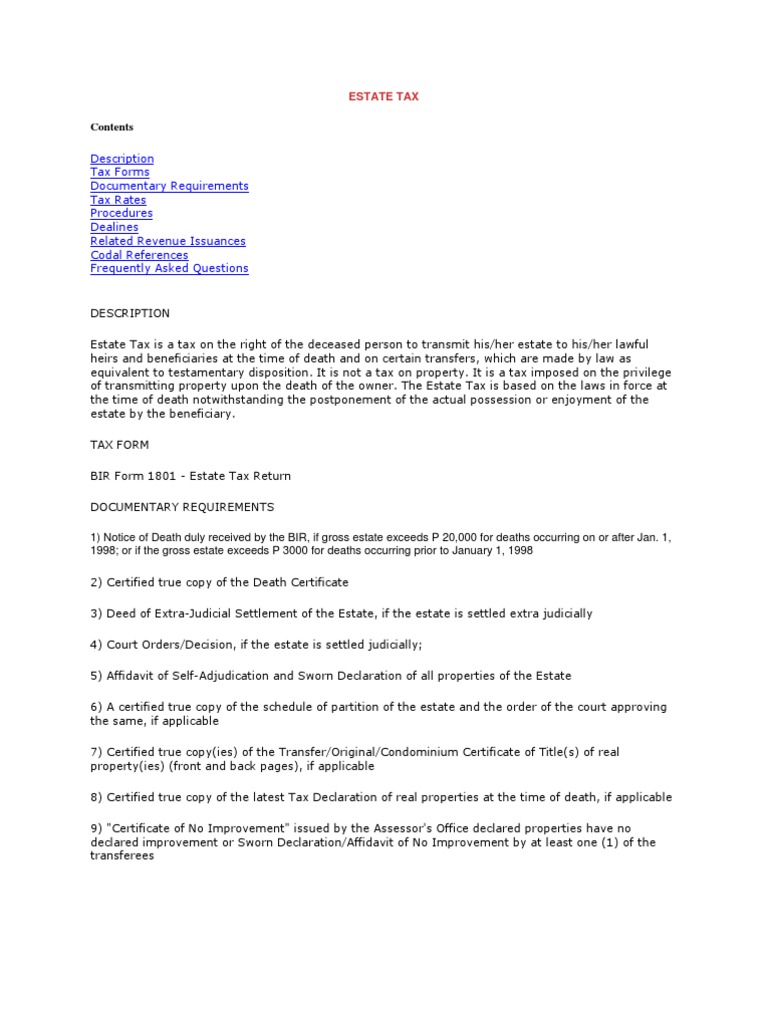 Estate Tax Clearance Requirements Philippines | PDF | Estate Tax In The ...