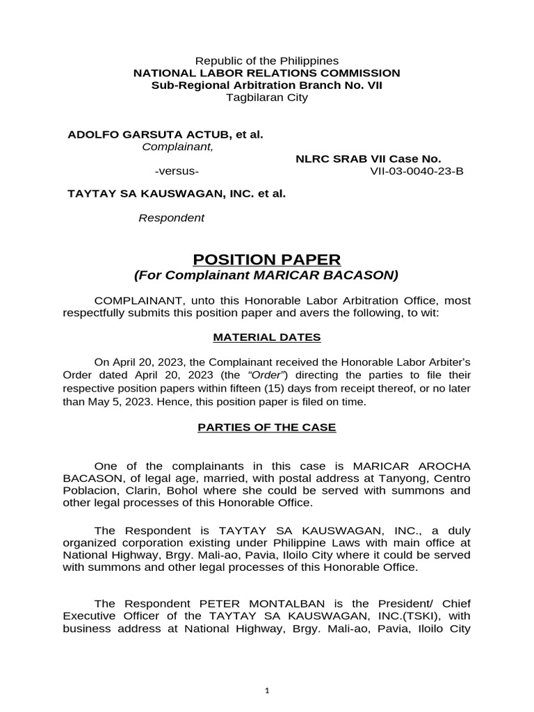 Position Paper - Bacason | PDF | Employment | Damages