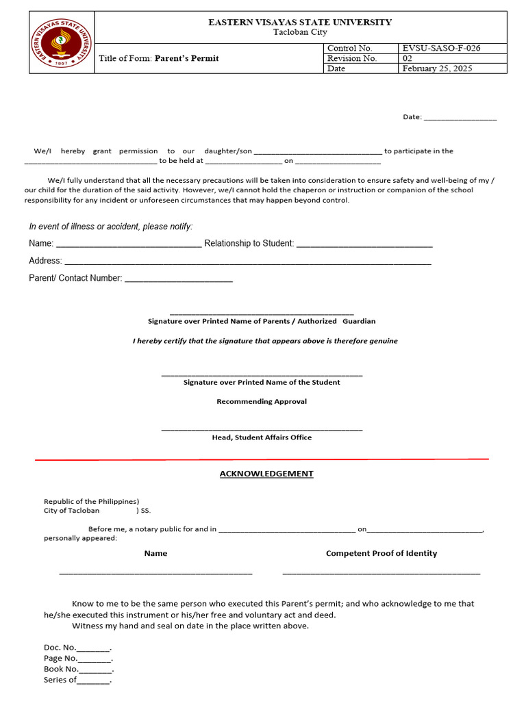 Parent's Permit Form for EVSU Activities | PDF | Justice | Crime & Violence