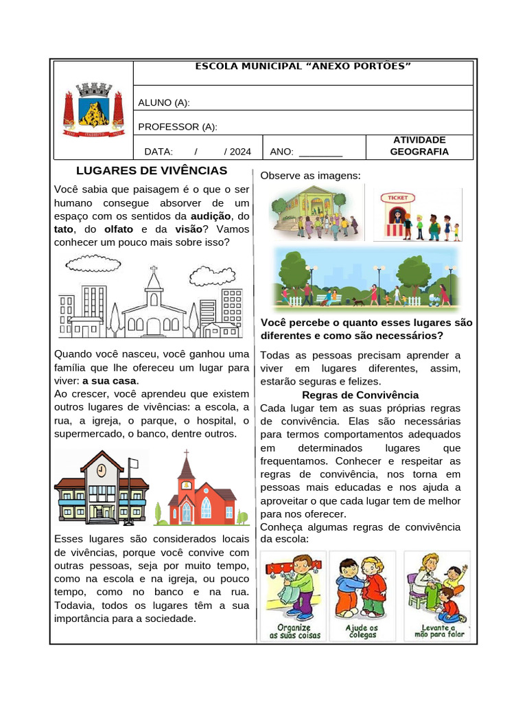 Atividades sobre Lugares de Vivência | PDF | Aprendizado | Tempo