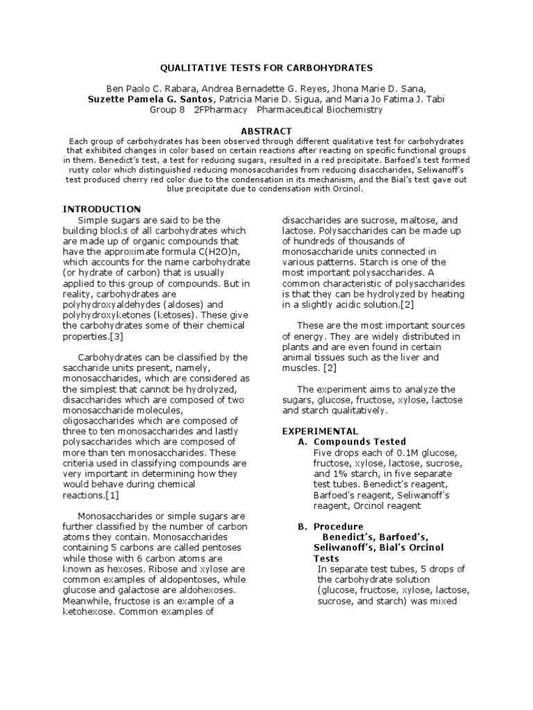 Barfoed's Test for Carbohydrate Analysis | PDF | Carbohydrates ...