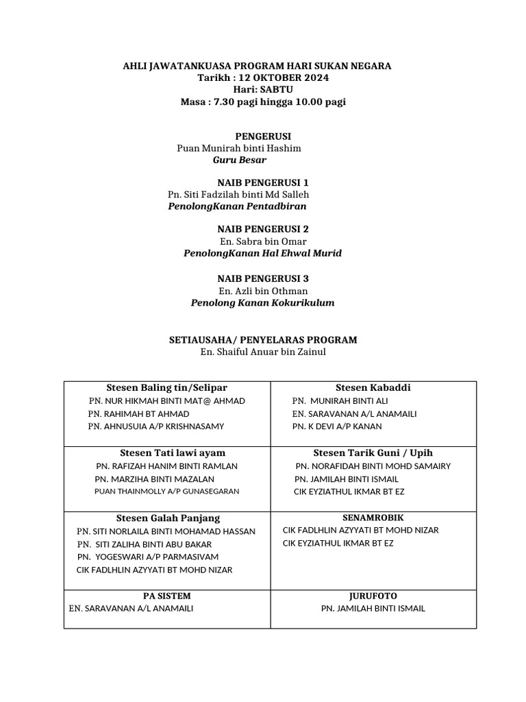 Ahli Jawatankuasa Program Hari Sukan Negara | PDF