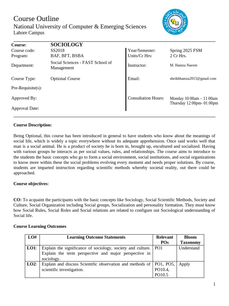 Course Outline Sociology BBA - 2cr HR | PDF | Socialization | Sociology