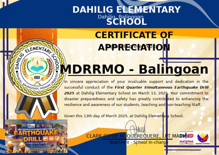 Earthquake Drill Certificate 2025 | PDF