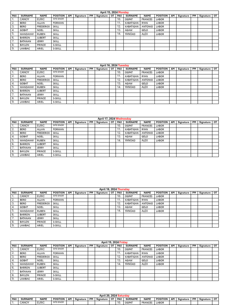 Weekly Employee Attendance Log | PDF