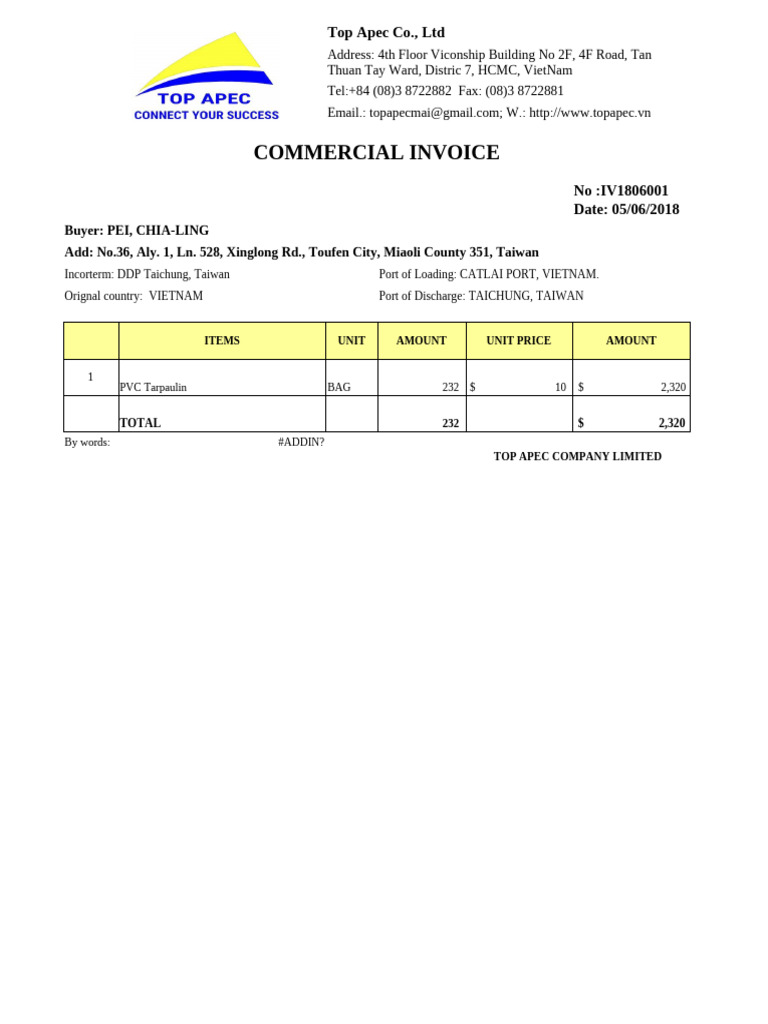 Top Apec Co., Ltd Commercial Invoice | PDF