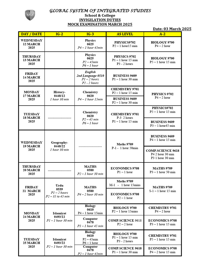 Mock Exam Timetable March 2025 | PDF
