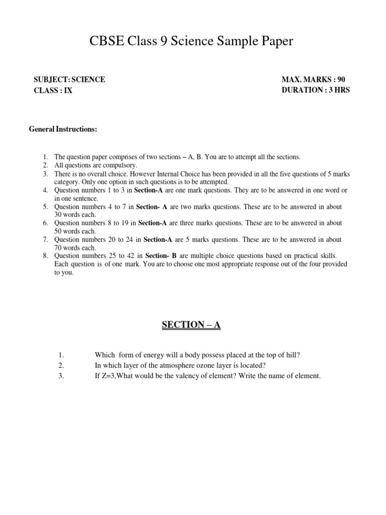 CBSE Class 9 Science Sample Paper | PDF | Atoms | Ion