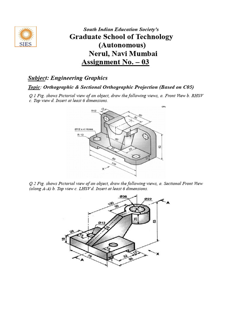 Assignment No 3 Orthographic and Sectional Orthographic Projection | PDF