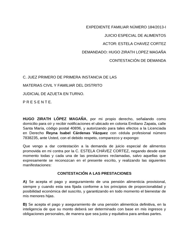 Contestación Juicio Alimentos 184/2013 | PDF | Pensión alimenticia ...