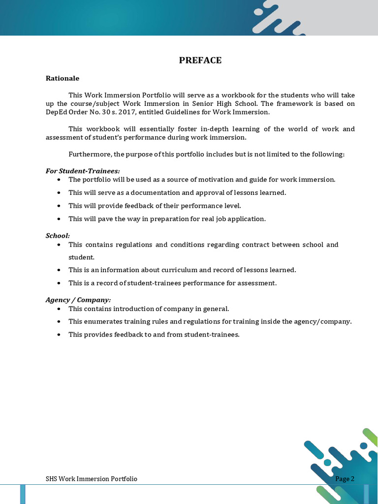 SHS Work Immersion Portfolio Guide | PDF | Job Interview | Teachers