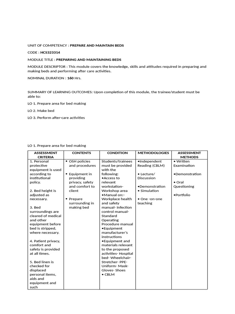 Bed Preparation and Maintenance Guide | PDF | Personal Protective ...