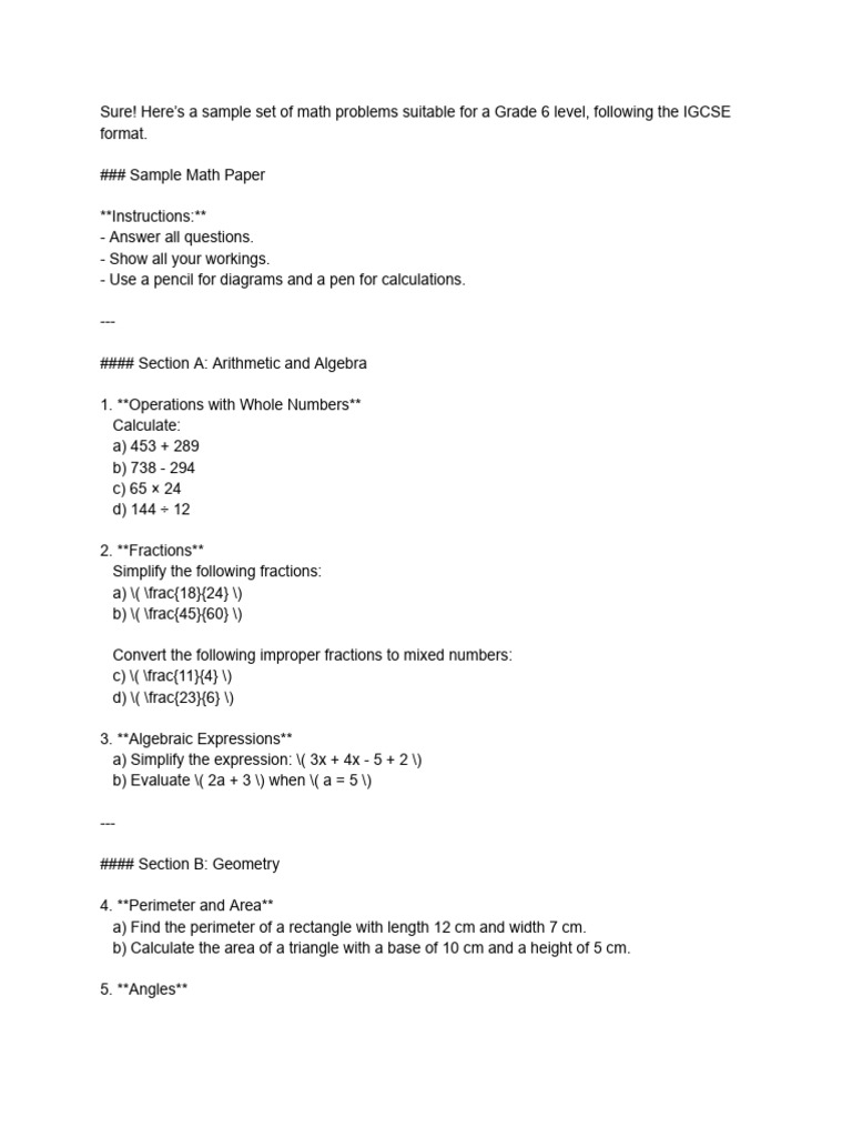 Grade 6 IGCSE Math Practice Paper | PDF