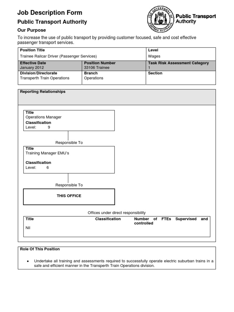 Train Driver Job Description Form PDF Safety Employment
