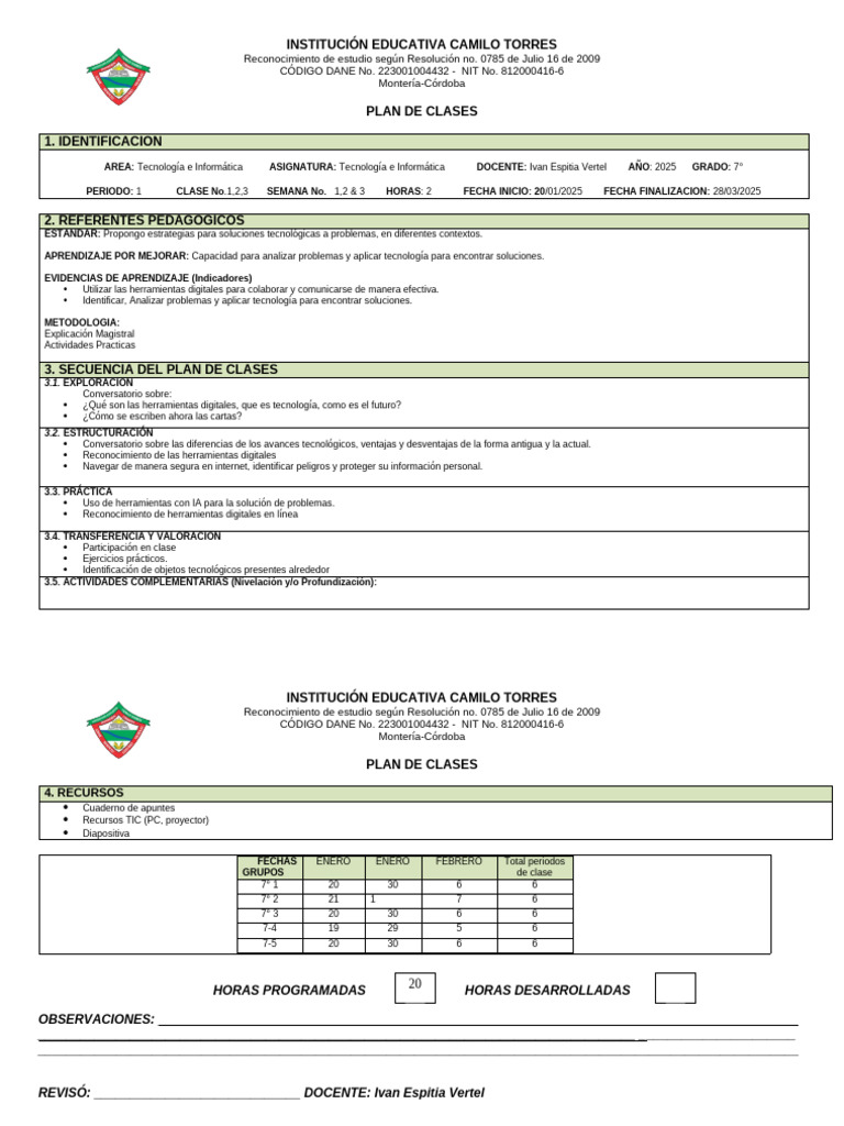 PLAN DE CLASE GRADO 7 1p 2025 | PDF | Informática | Aprendizaje