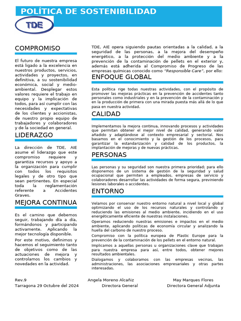 Política de Sostenibilidad TDE, AIE | PDF | Sustentabilidad | Calidad ...