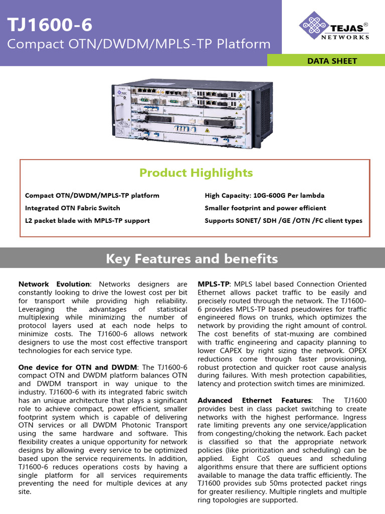 Tejas TJ1600-6 DWDM/MPLS-TP Overview | PDF | Computer Network ...