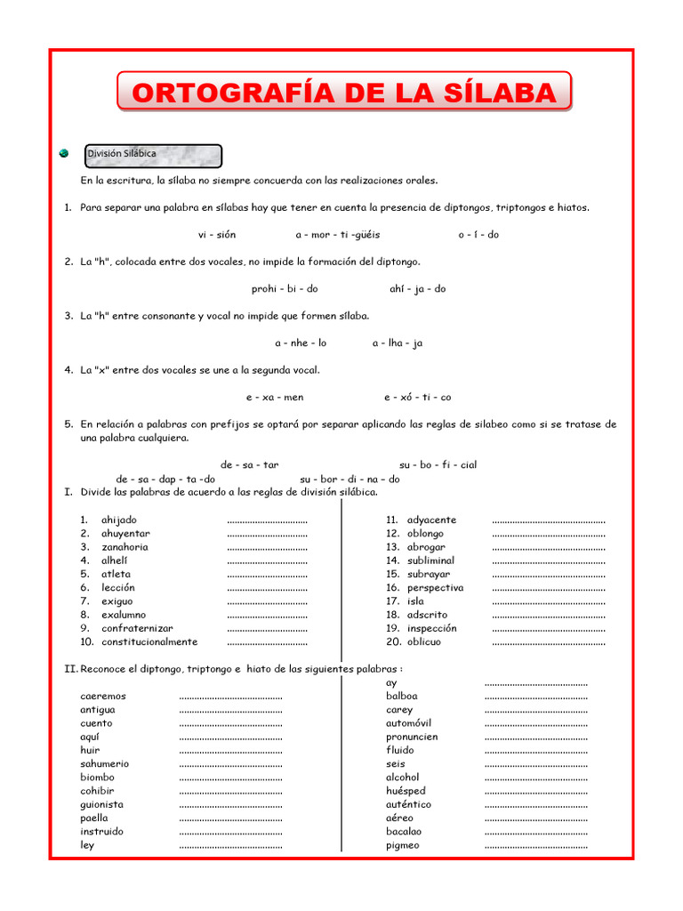 Ejercicios de Separación Silábica | PDF | Sílaba | Voz humana