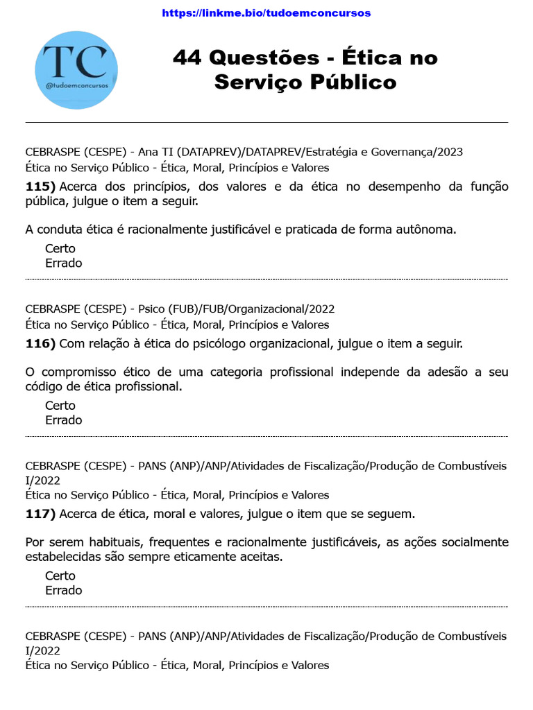 Questões sobre Ética no Serviço Público | PDF | Administração pública ...