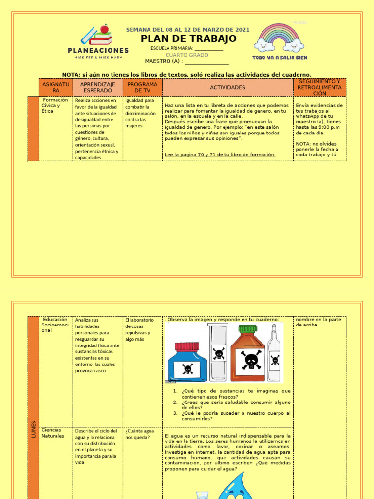 Plan de Trabajo Cuarto Grado 2021 | PDF | Agua | México