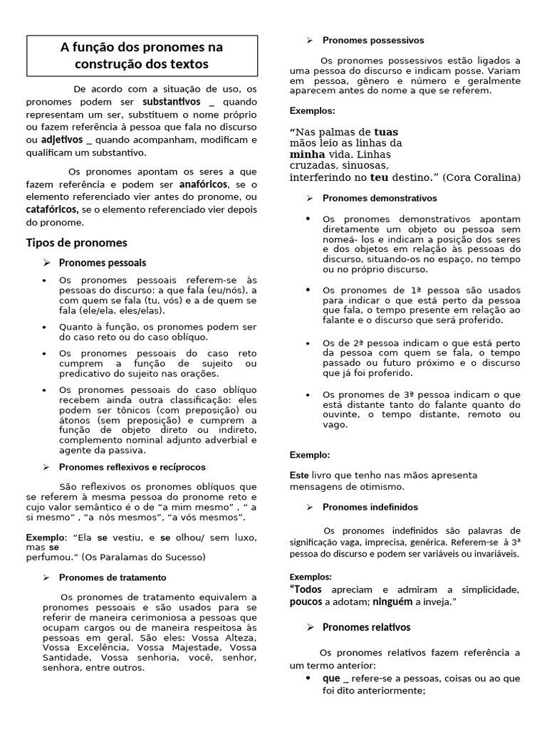 Tipos e Funções dos Pronomes em Português | PDF | Pronome | Mecânica da ...