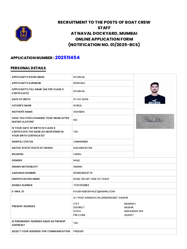 Naval Dockyard Mumbai Boat Crew Application | PDF