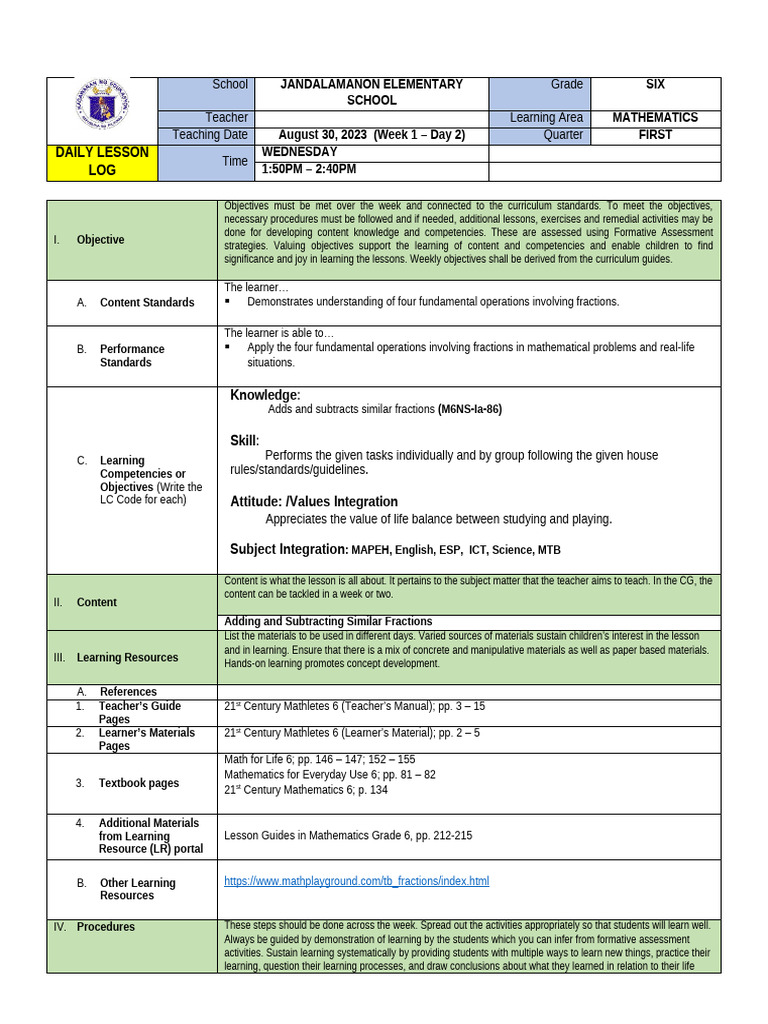 Grade 6 Math Lesson: Adding Fractions | PDF | Learning | Teachers