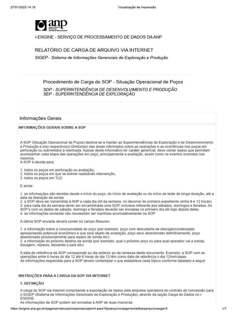 Procedimento de Carga da SOP | PDF | Poço de petróleo | Microsoft Excel