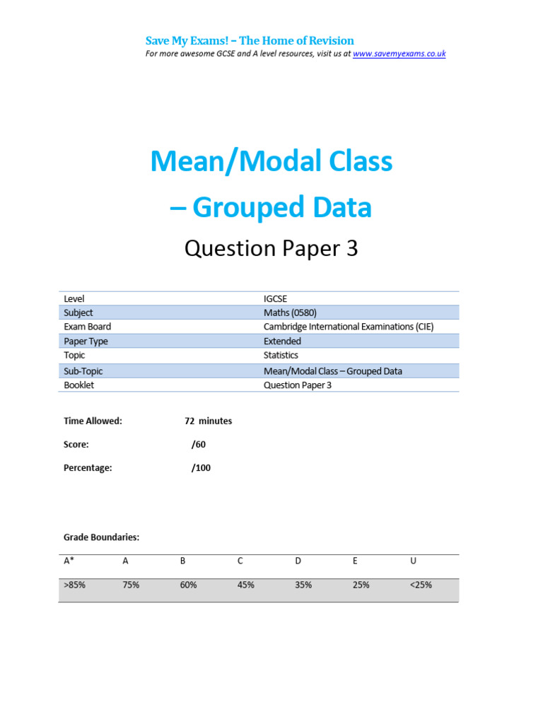 94.3 Mean Modal Class - Grouped Data - Cie Igcse Maths 0580-Ext Theory ...