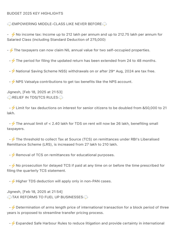 Budget 2025 Key Highlights | PDF | Tax Deduction | Taxes