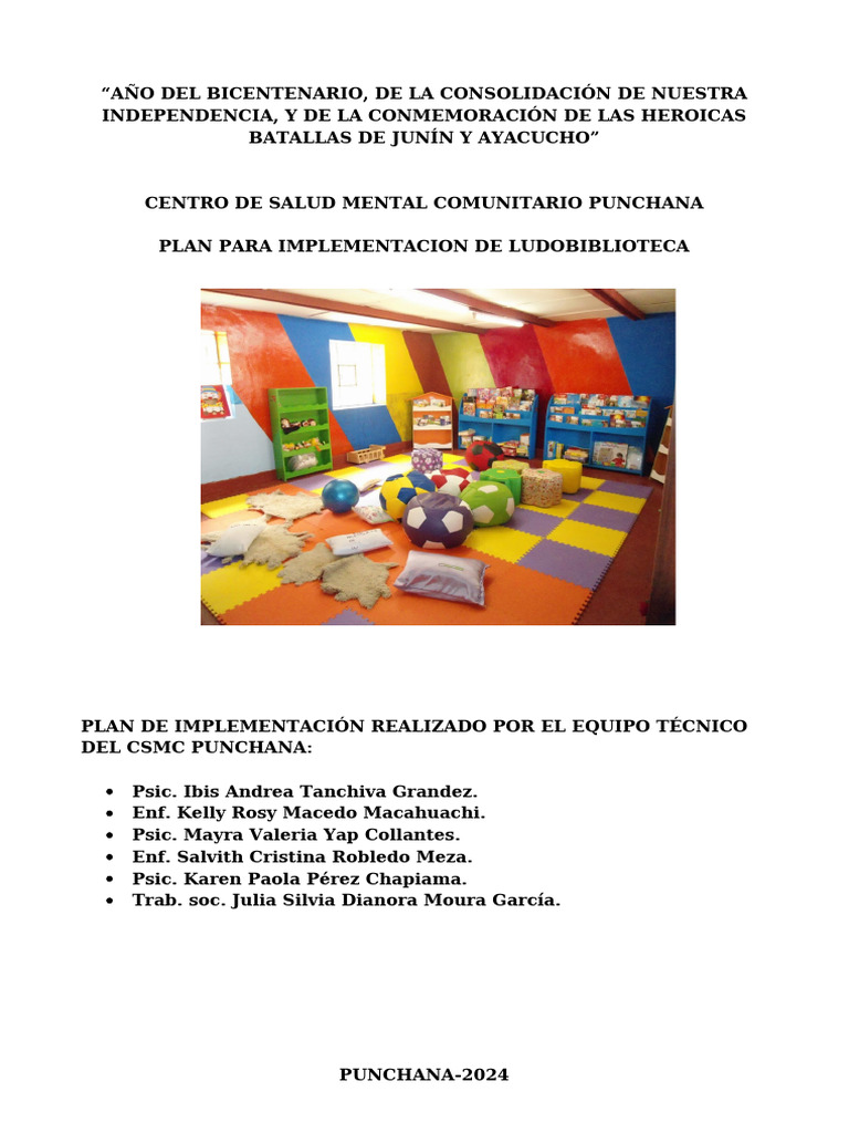 Plan de Ludobiblioteca en CSMC Punchana | PDF | Salud mental | Aprendizaje