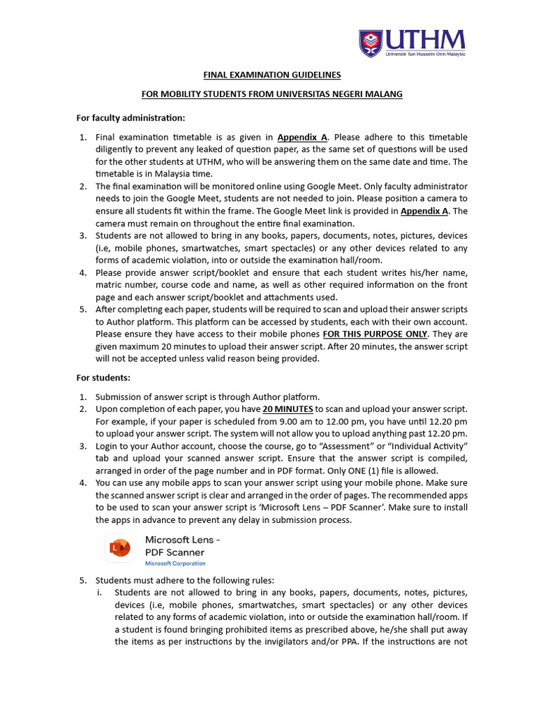 Final Exam Guidelines for Mobility Students | PDF