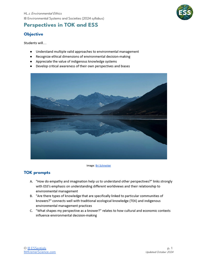 IQ9 LE1 Perspectives in TOK and ESS | PDF | Knowledge | Environmental ...