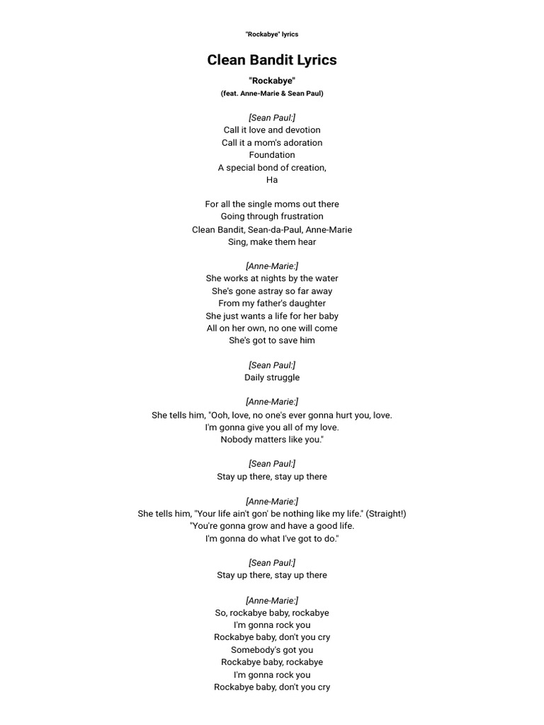 Rockabye Lyrics by Clean Bandit | PDF
