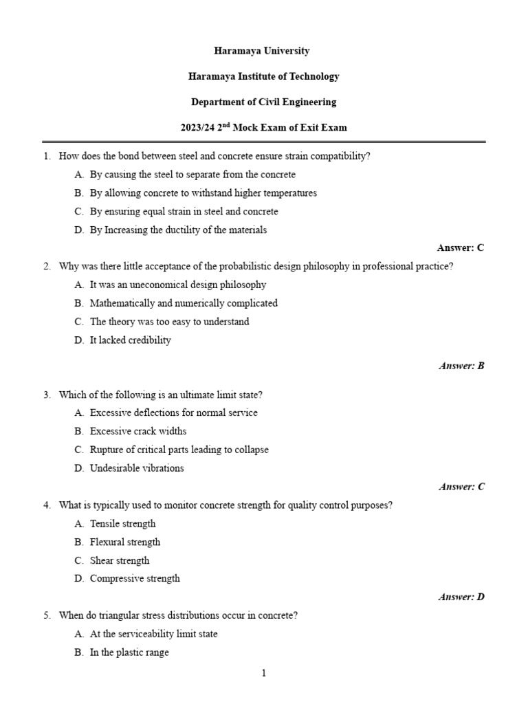 Civil Engineering Mock Test 2023/24 | PDF | Bending | Buckling