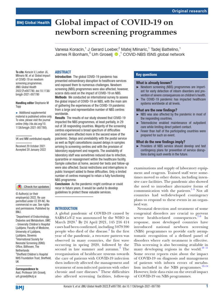 Covid Impact On Newborn Screening | PDF | Pandemic | Questionnaire
