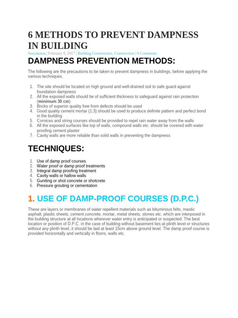 Methods to Prevent Dampness in Buildings | PDF | Concrete | Materials