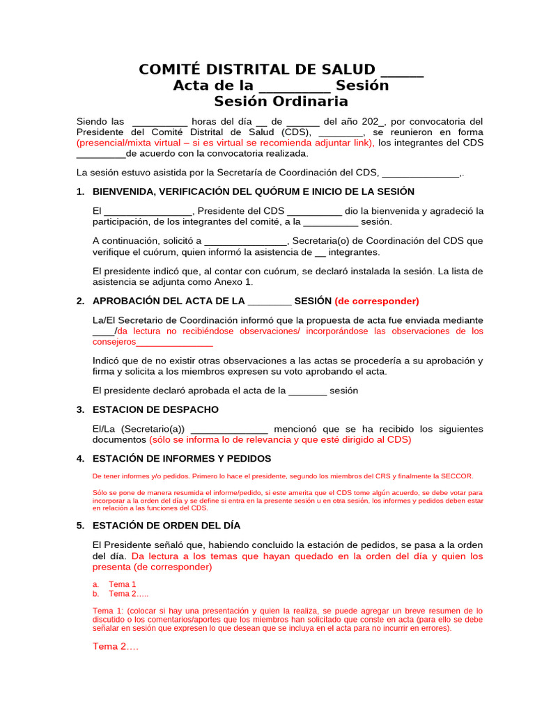 FORMATO Propuesta de Acta Sesión Ordinaria CDS | PDF | Quórum | Gobierno