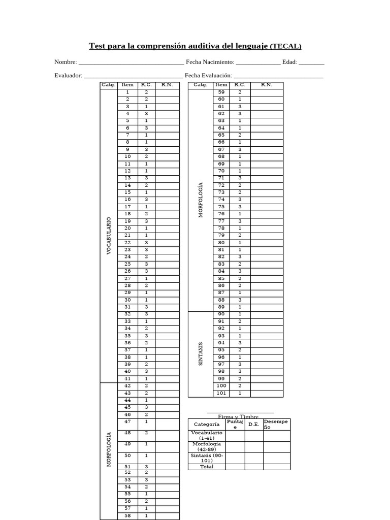 Hoja de Registro del Test TECAL | PDF