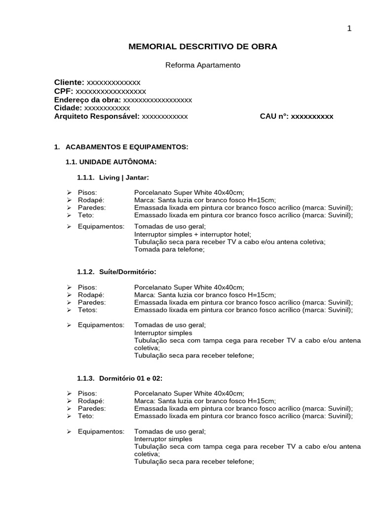 Memorial Descritivo de Reforma de Apartamento | PDF | Chuveiro