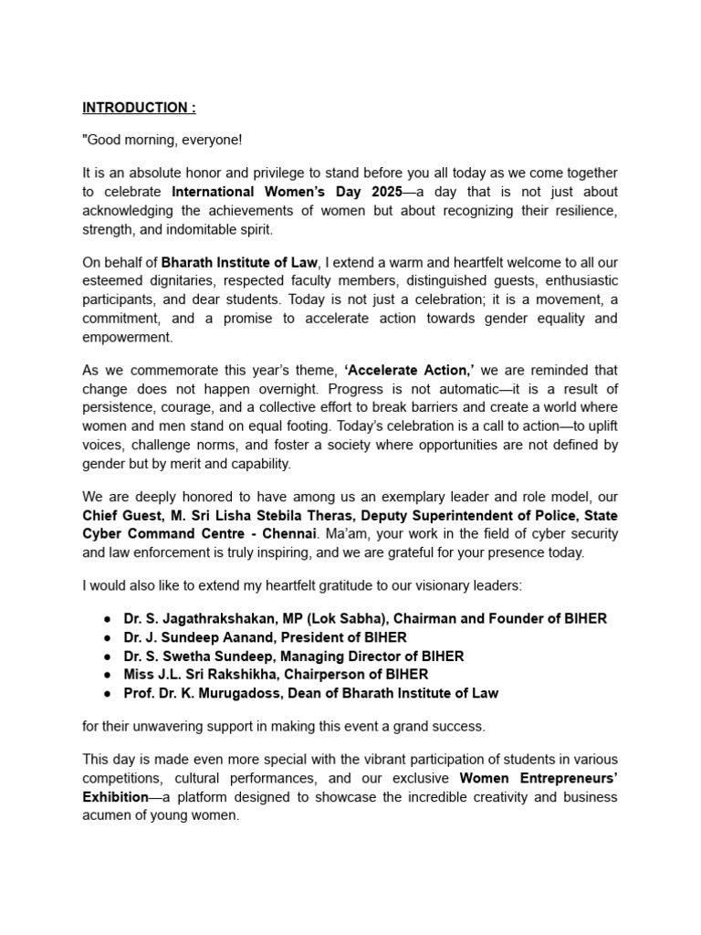 Women's Day Celebration Script 2025 | PDF