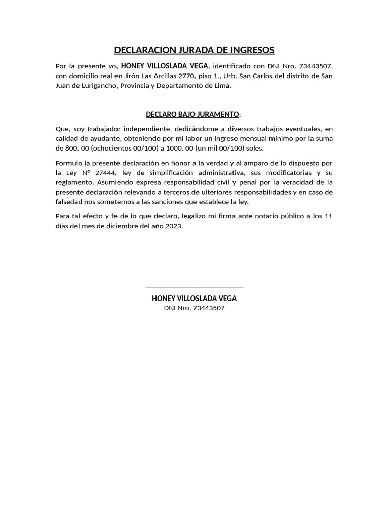 Declaración Jurada de Ingresos 2023 | PDF