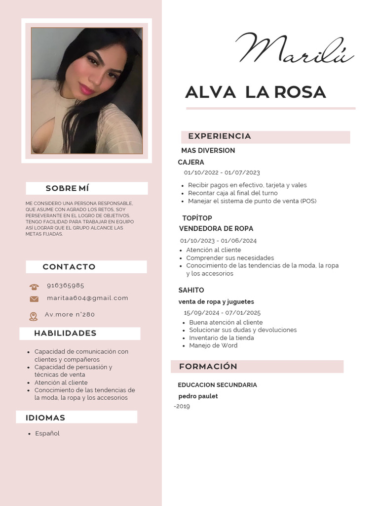 Currículum Vitae CV Diseñadora y Arquitecta Minimalista Rosa | PDF