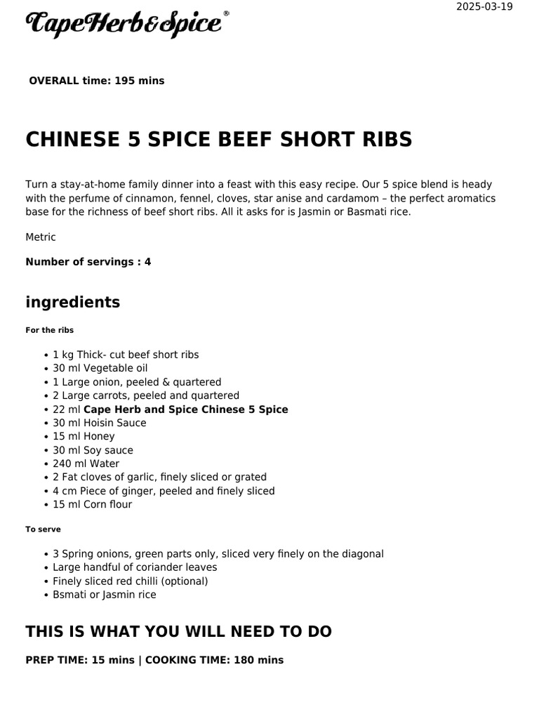 Chinese Five-Spice Short Ribs Recipe | PDF | Roasting | Beef