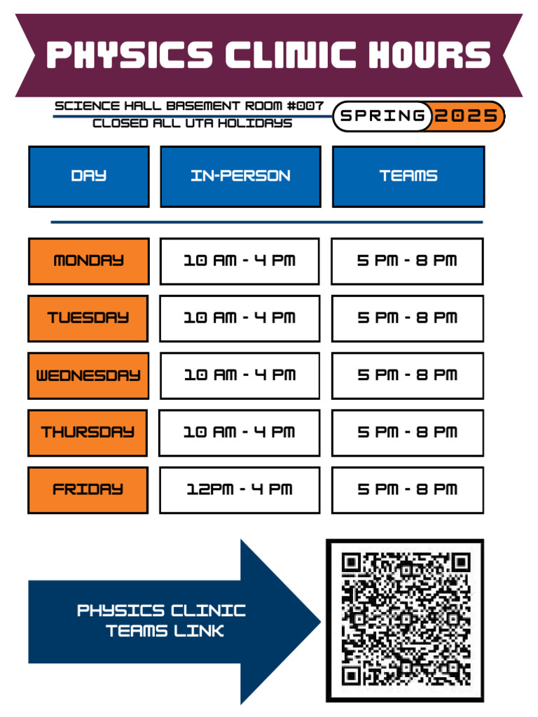 Spring 2025 Physics Clinic Hours | PDF